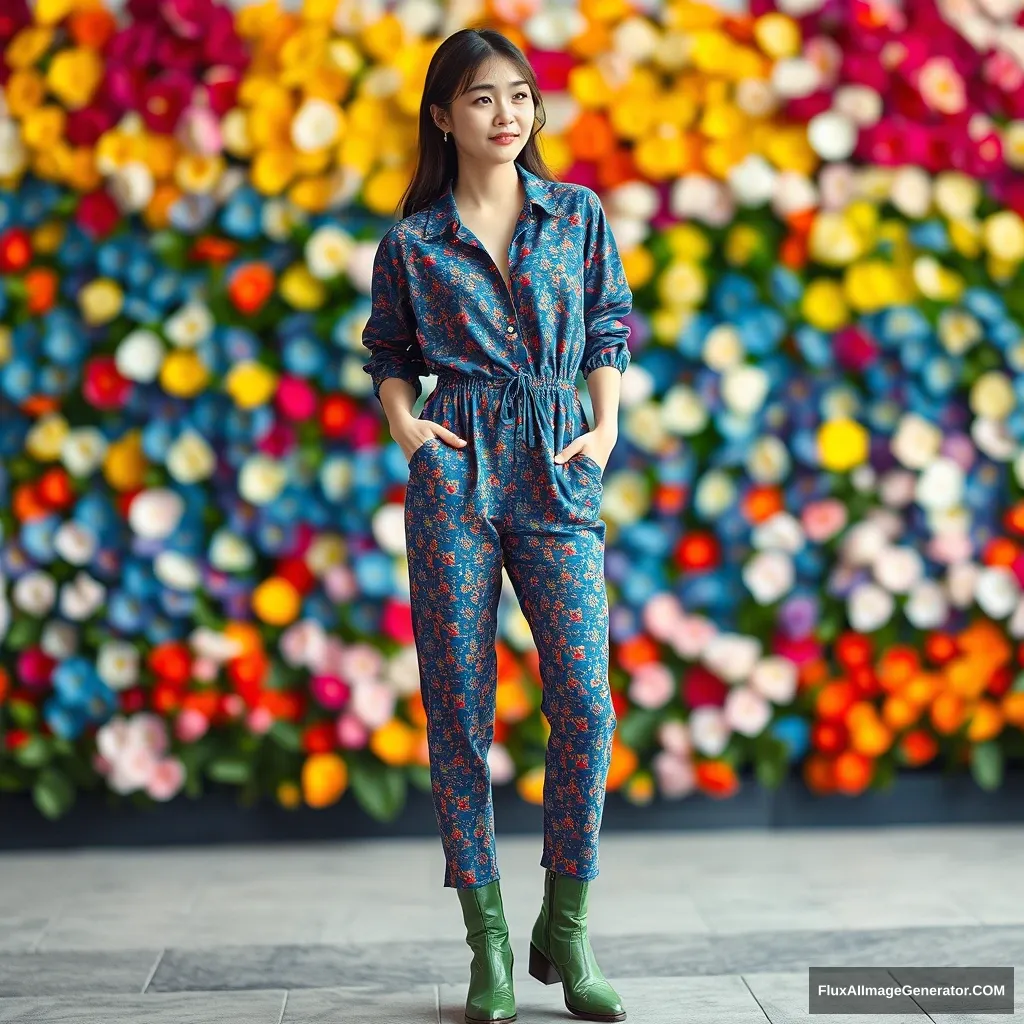 A Korean female fashion model is wearing a jumpsuit styled one-piece (colorful patterned based on blue), greenish leather fashion boots. The front of the top is open, with a colorful flower wall (defocused) in the background.