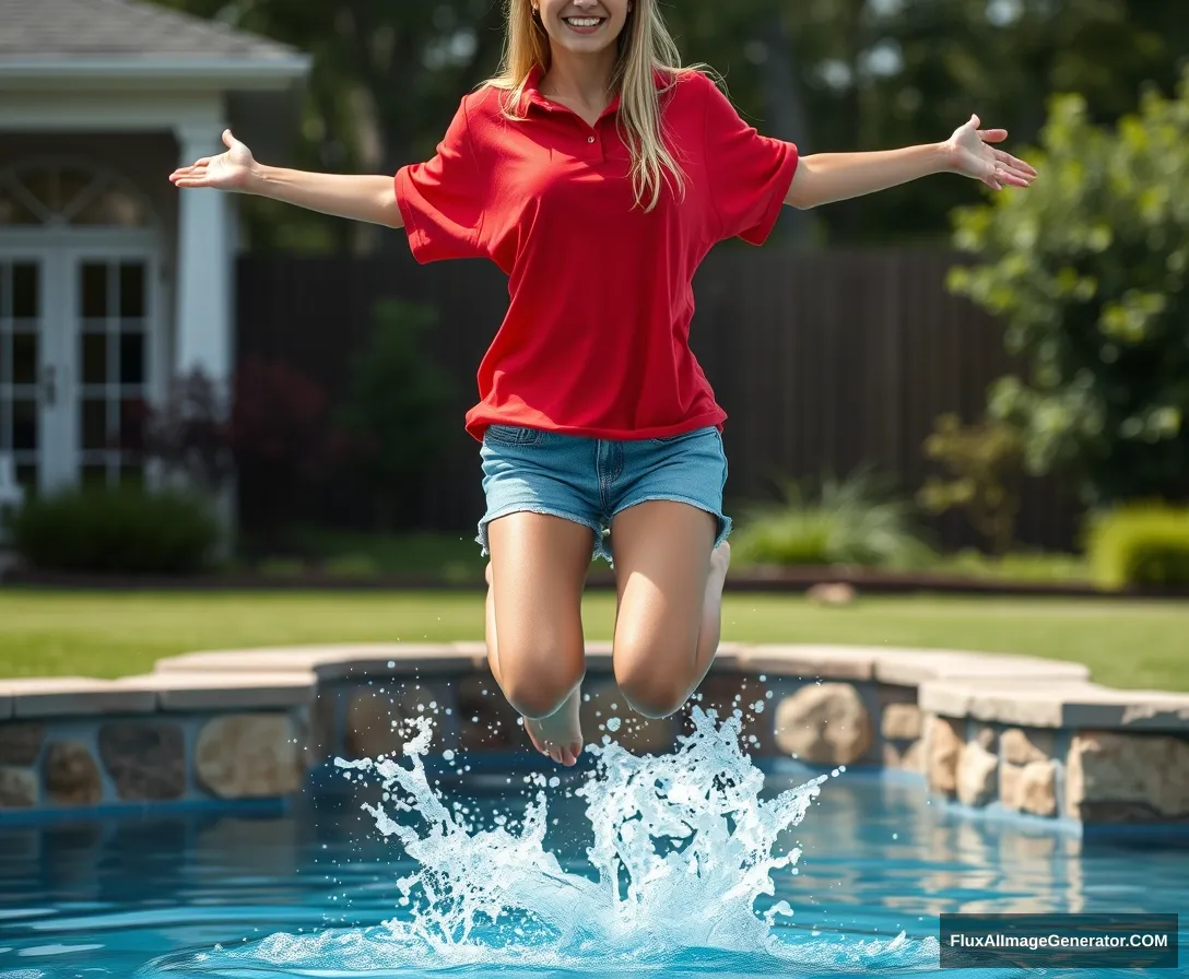 Front view of a young blonde skinny woman with a good tan, in her early twenties, in her massive backyard, wearing a massively oversized red polo t-shirt that is slightly off balance on one shoulder. The bottom part of her t-shirt isn't tucked in, but it's also not that long. She is wearing medium-sized light blue denim shorts and has no shoes or socks. She jumps into the pool with her arms straight down at her sides, creating a big splash as her legs go underwater.