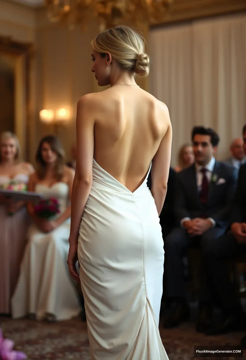 A short young woman, sensitive, delicate, backless strapless side-less low-waisted contouring wedding dress with a breezy loose open back spilling open to the sides, that seems like it was intentionally left undone. In front of the patriarchy council. Expectations. Perfect posture. Pale skin. Voluptuous.