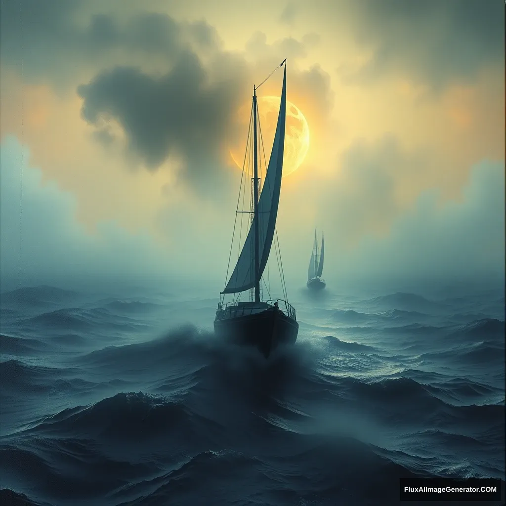 Surreal painting, intense and determined, imagining a boat sailing in a vast sea, surreal and rough vision, foggy sun moon dimly shining, blended photography, cinematically conceived, 3:4 aspect ratio, raw style at 4K quality. - Image