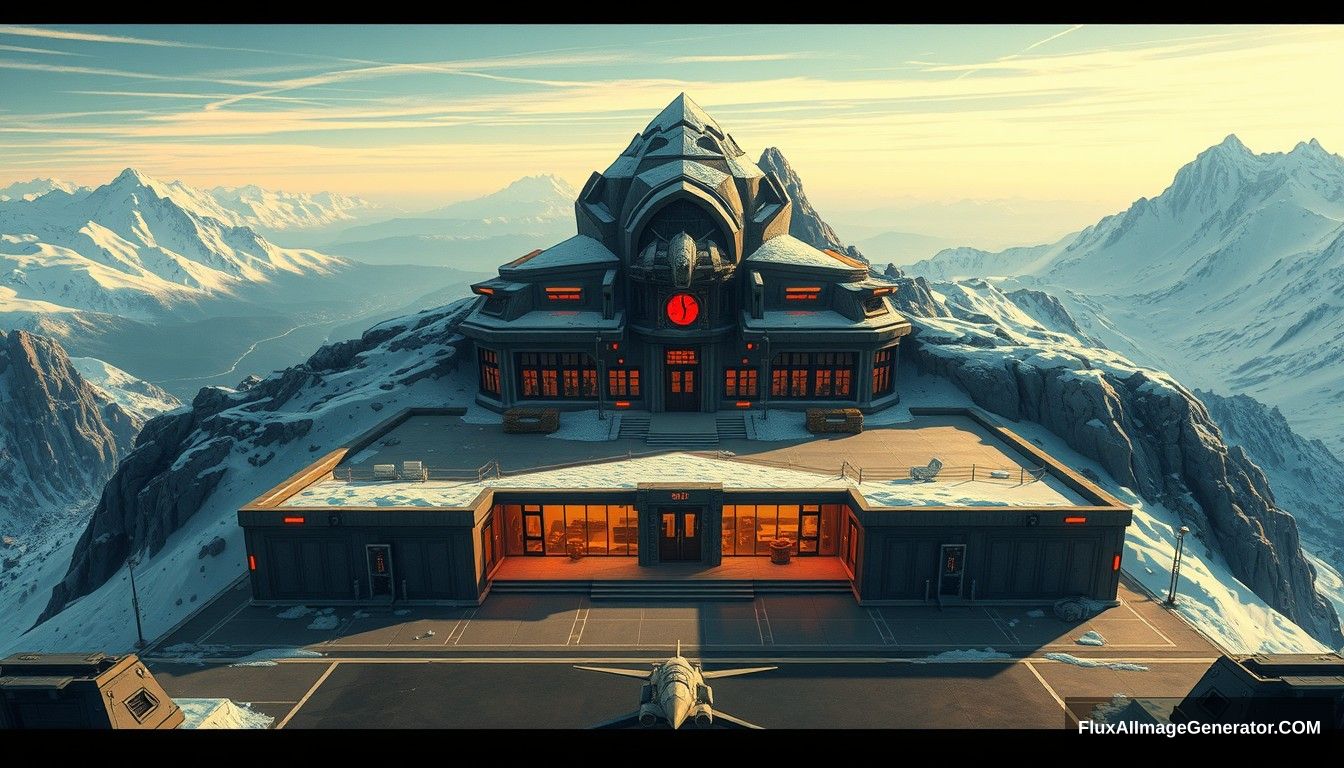 Cel shaded art, wide shot, a sci-fi center on the top of a snowy mountain, open air, close look, cyberpunk, military base, Star Wars style, indoor, patio, morning, sunlight, fortress, mountain, rock, snow, tarmac, parking apron. - Image