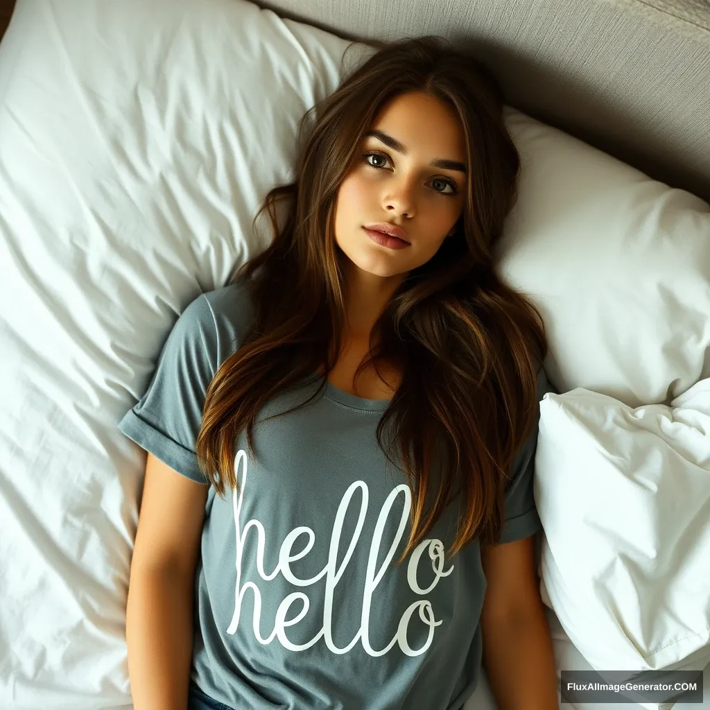 A young woman lying on a bed wearing a shirt with the words "hello."