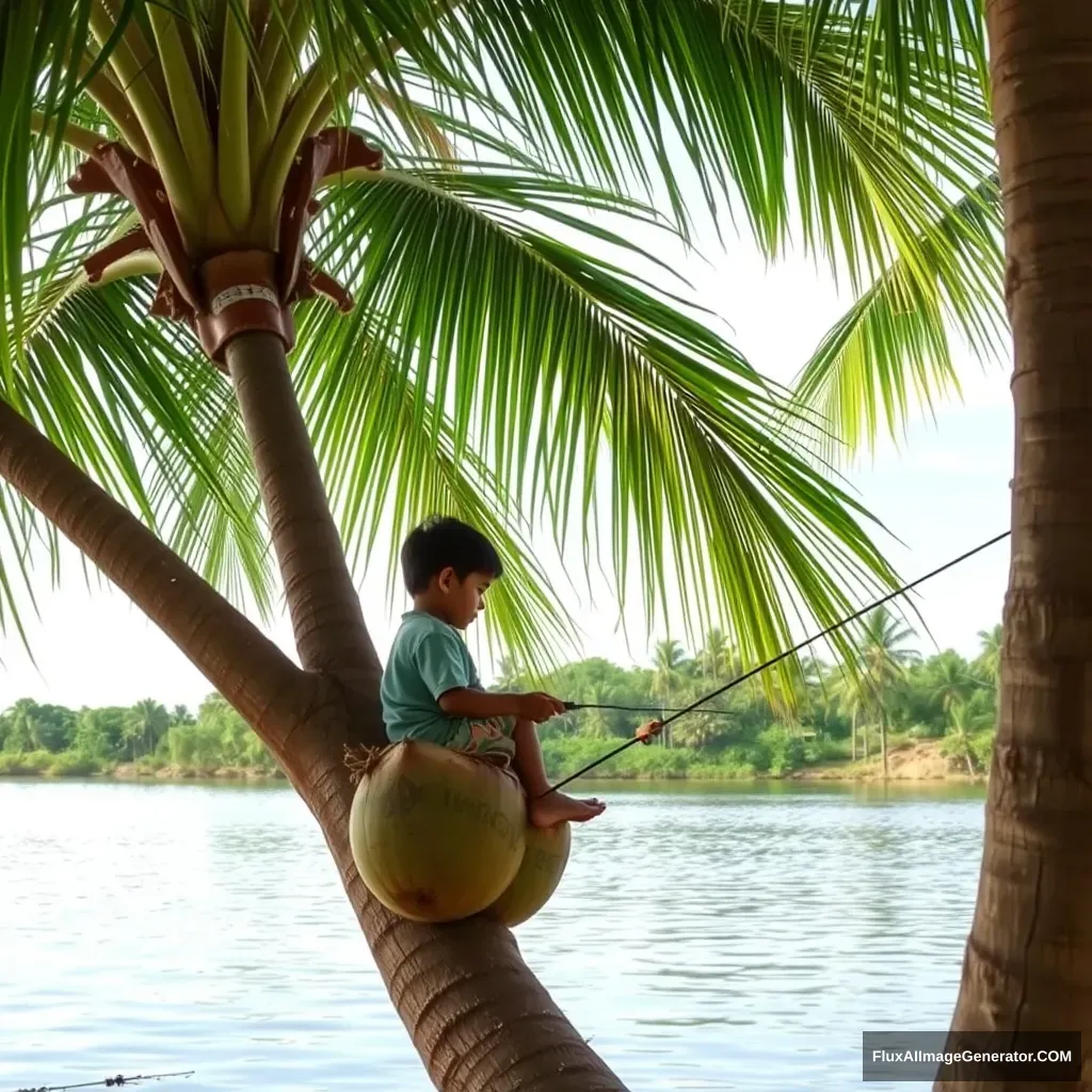 Small boy sitting in a coconut tree and fishing by the riverside. - Image