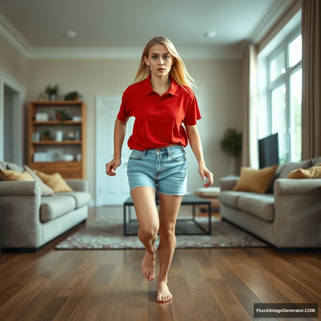 Front view of a blonde skinny woman who is in her early twenties in her massive living room. She is wearing a massively oversized red polo t-shirt that is quite off-balance on one of the shoulders and is also untucked. She has on light blue denim shorts that are knee-height, and she is not wearing shoes or socks. She faces the camera looking worried and runs towards it with both arms straight down. - Image