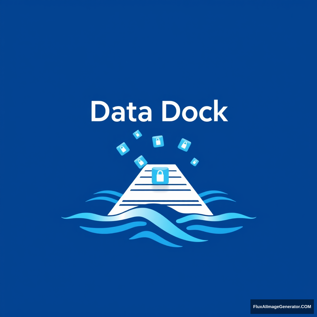 Modern, sleek logo for Data Dock, a content storage company. Stylized dock extending into a digital sea of data. Vibrant blue and white color scheme. Minimalist yet dynamic design with floating cubes representing stored content. Subtle wave patterns evoke fluidity and accessibility. Conveys security and innovation.