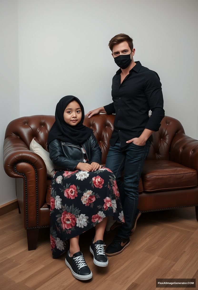 A black hijab burqa girl, short girl, beautiful eyes, black leather jacket, the biggest floral long dress, black leather sneakers, sitting on a leather single wing sofa, Jamie Dornan, black shirt, jeans, black leather sneakers, tall man, black face mask, fit body, standing near her, hyper-realistic, studio photography.