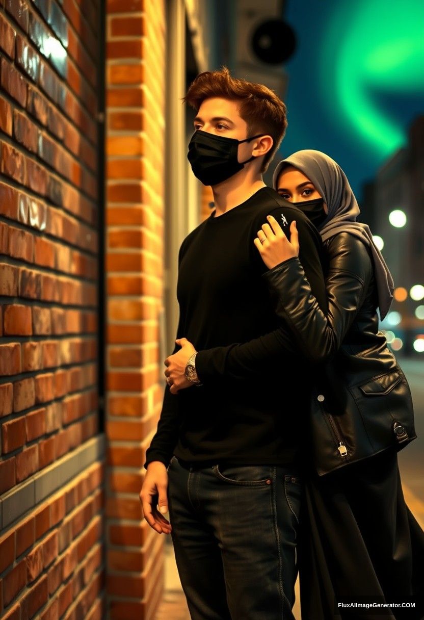 Jamie Dornan, tall, young, wearing a black face mask, black long sleeve playboy t-shirt, and jeans, 

dating a romantic Hijabi grey Muslim girl with beautiful eyes, also wearing a black face mask, a leather jacket, and a very long and wide skirt, who is not tall, 

laying on his shoulder, hugging him from behind, near a brick wall, in town, photorealistic, street photography, night scenery, aurora borealis. - Image