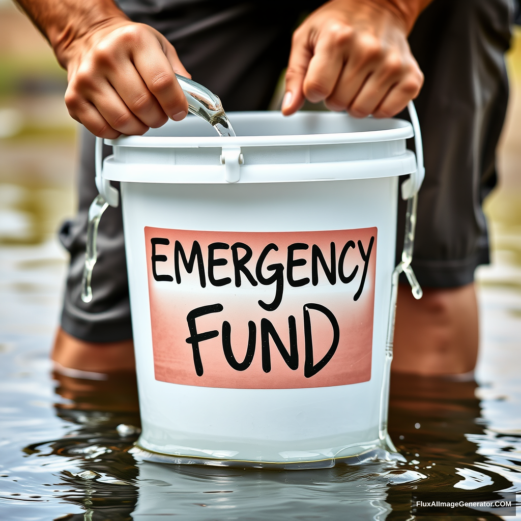 A person filling a bucket labeled "Emergency Fund" with water, but the water is leaking out of both ends.