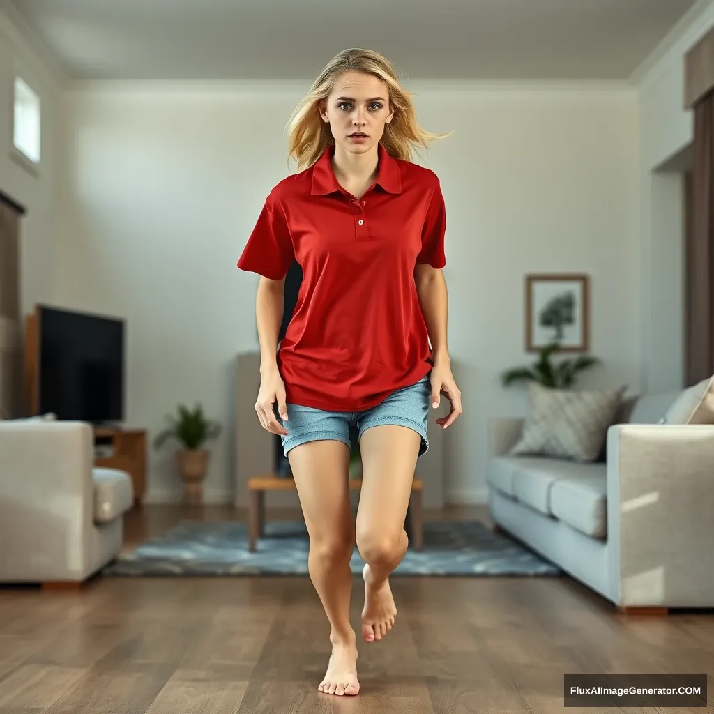 A front view of a skinny blonde woman in her early twenties is in her massive living room, wearing an oversized red polo t-shirt that is quite off-balance on one shoulder and untucked. She is also wearing knee-height light blue denim shorts and has no shoes or socks on. She faces the camera with a worried expression and runs towards it, with both arms hanging straight down at her hips.