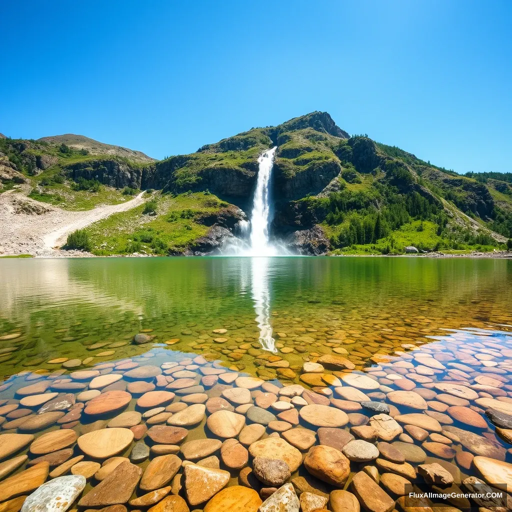 The clear lake surface is scattered with colorful stones, and a huge waterfall cascades down from the mountain under the azure sky.