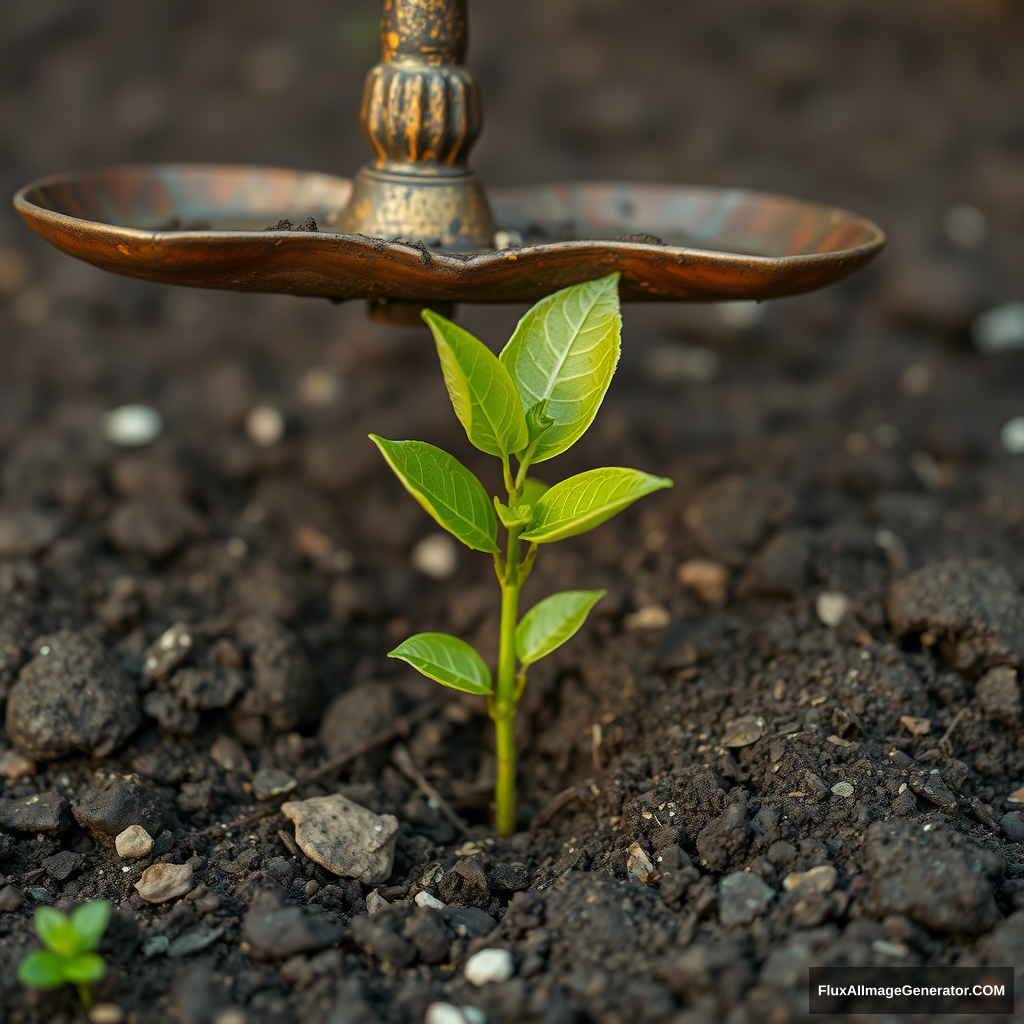 A small, underground citrus shoot was growing from the ground beneath a rusty and decaying judicial scale.