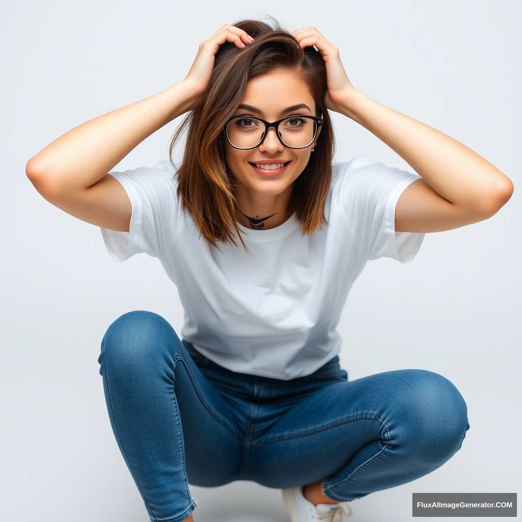 Beautiful 23-year-old woman with shoulder-length brown hair, wearing a tight-fitting white t-shirt, tight low-cut worn blue jeans, and white Nike sneakers, with trendy black-framed clear glasses. She is looking directly at the camera with a cute smiling face and has a cool neck tattoo, holding her own hands above her head. - Image