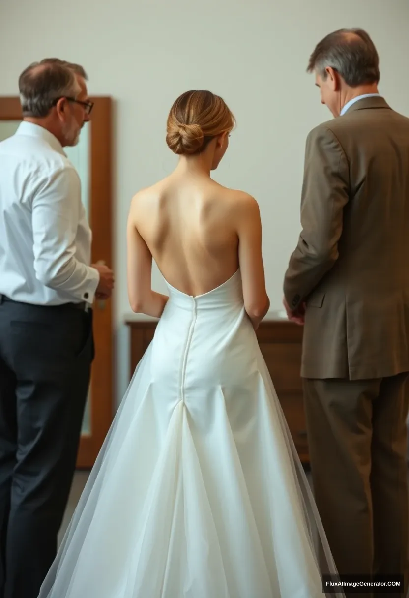 A short young woman, sensitive, delicate, backless strapless side-less low-waisted contouring wedding dress with a loose front and an undone rear. Mingling submissively with fathers. Expectations. Perfect posture. Pale skin.