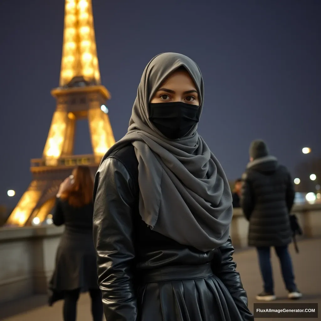 Biggest grey hijab Muslim girl, beautiful eyes, face mask black, leather jacket, biggest longest skirt, standing near Eiffel Tower, night scenery, strangers back, hyper realistic, photorealistic, street photography.