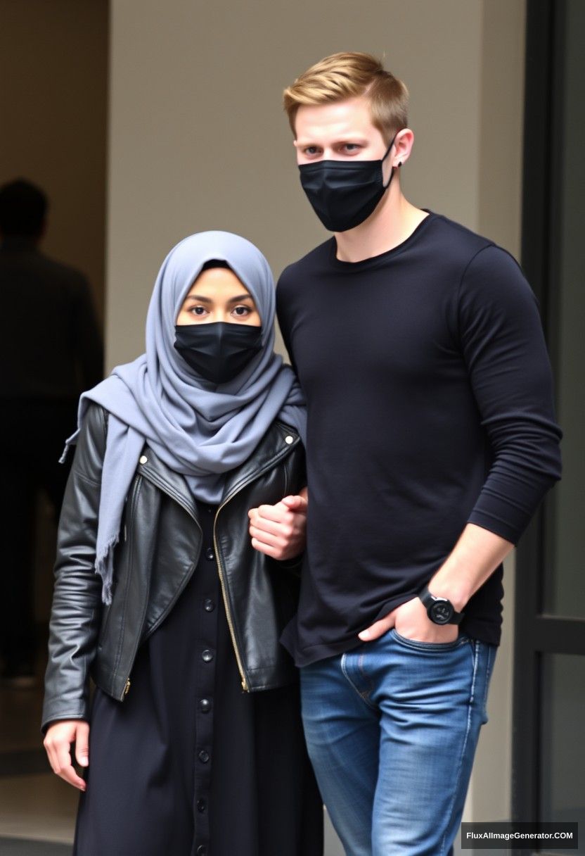 Jamie Dornan, tall, young, wearing a black face mask, black long-sleeve T-shirt, jeans, 

dating a grey hijab-wearing Muslim girl with beautiful eyes, wearing a black face mask, leather jacket, and a very long and wide skirt, who is not a tall girl.