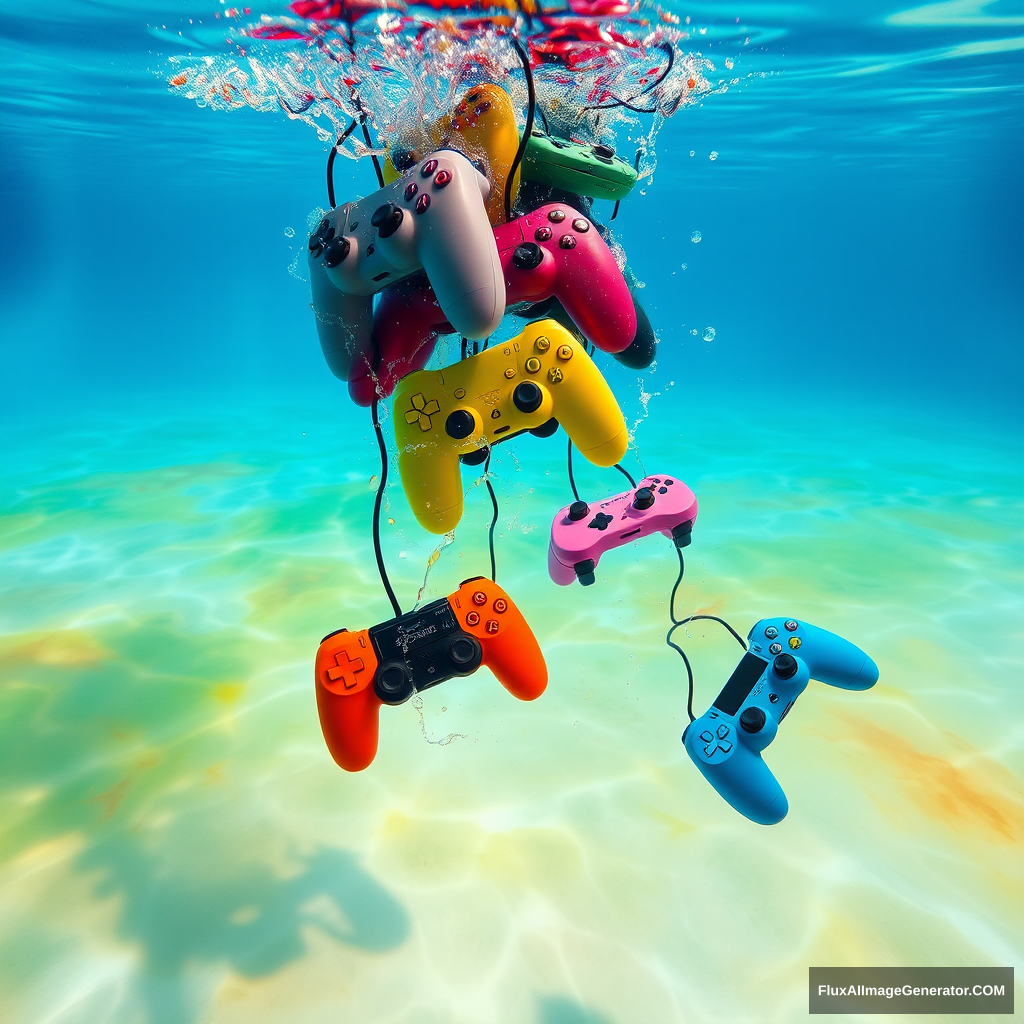 A cascade of colorful game controllers plunging into a serene watercolor pool, with some controllers partially submerged and others sinking, creating a vivid, flowing underwater scene. - Image