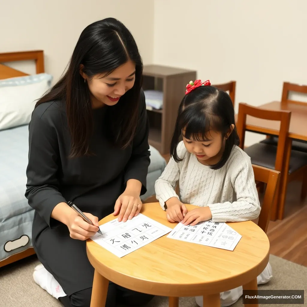 In the room, there is a bed, a table, and chairs. A female tutor is helping a little girl with her homework, which includes Chinese characters or Japanese. - Image