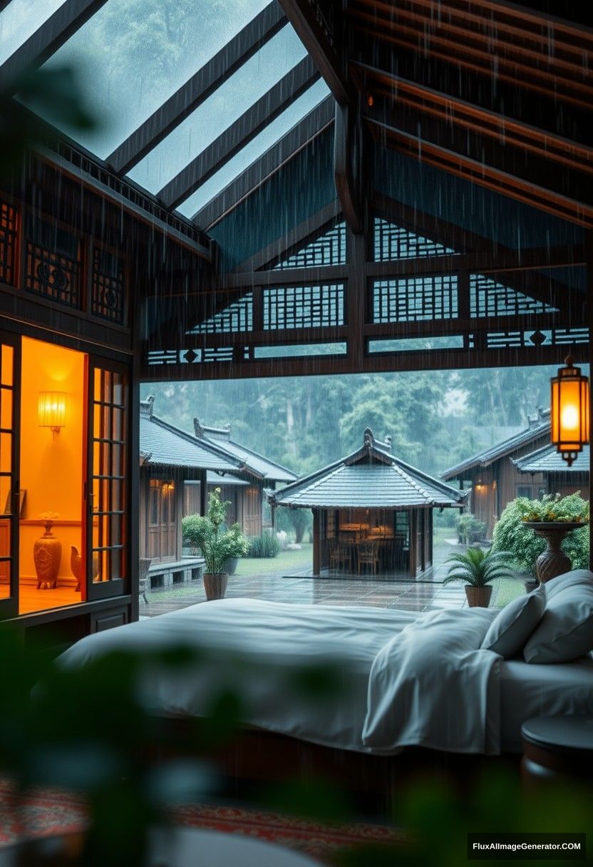 Outside view, a total of oriental cabins, exquisite detailed design, house bed without warm colored lighting, rainstorm, aesthetic sense, depth of field, foreground blur, comfortable, comfortable, relaxed, master composition.