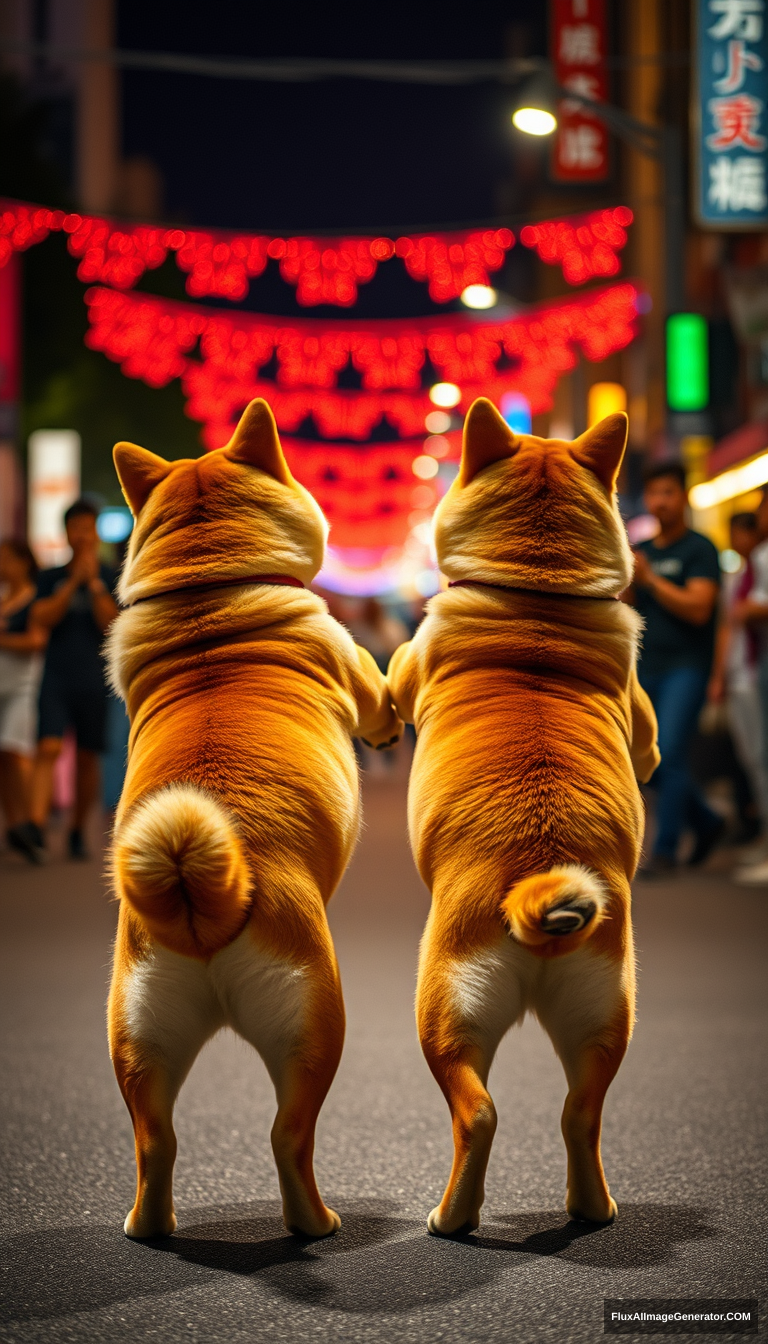 Two Shiba Inus are dancing disco, facing away from the audience, on a big street at night.