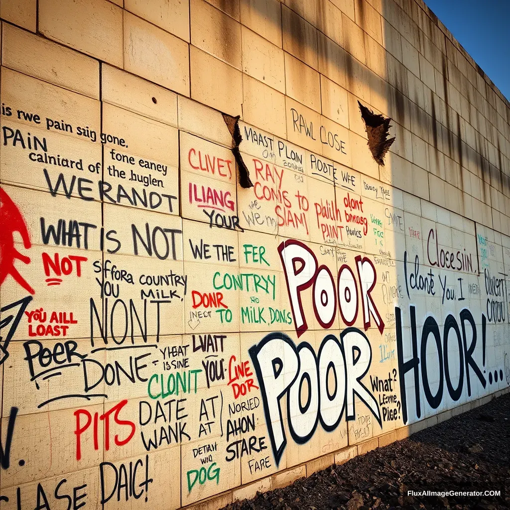 A giant wall, one cannon shot clearly shows damage, countless marks from shots of various calibers of bullets, there are many graffiti writings in various colors and sizes, some of the most distinctive are "raw raw pain pain gone," "WHAT IS MY SIN FOR LOVING YOU," "We are NOT a country you can milk," "CLOSE CLOSE DON'T STARE AT YOU, DOG," one modern graffiti writing with a white paint base color which is intended to cover the old graffiti with very striking graded letters and letters in the wildstyle font which reads "POOR HOOR." - Image