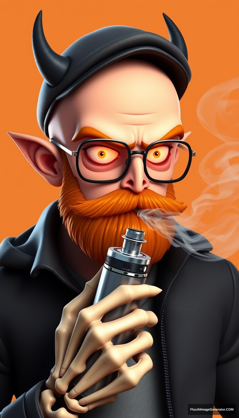 Three-quarter view of a sinister, bald cartoon human male with subtle necromancer features. Demonic obsidian horns contrast with a short, fiery ginger beard. Weathered flat cap and aviator glasses, hellfire glowing eyes. Skeletal fingers clutch a chrome vape mod, exhaling dense, swirling vapor clouds. 3D rendered.