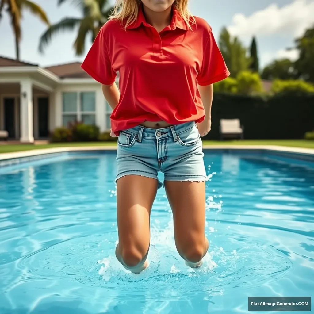 Front view of a young blonde skinny woman with a good tan in her early twenties in her massive backyard wearing an oversized red polo t-shirt, which is slightly off-balance on one shoulder, with the bottom part of her t-shirt untucked. She is also wearing M-sized light blue denim shorts and no shoes or socks. She dives into her pool, her legs straightened out and halfway underwater, making a big splash.