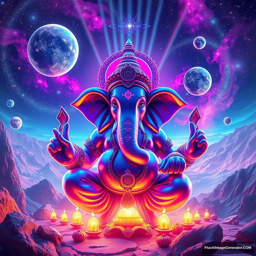 Create an out-of-this-world, futuristic depiction of the Ganesha festival. Imagine Lord Ganesha in a surreal cosmic setting, surrounded by floating galaxies, neon lights, and otherworldly landscapes. Use holographic and iridescent colors to highlight Ganesha’s form, blending traditional symbols like the elephant head and modaks with futuristic elements such as digital patterns and sci-fi motifs. Incorporate ethereal light beams, celestial bodies, and a sense of weightlessness to convey a cosmic celebration. The image should evoke a sense of awe and wonder, blending spiritual reverence with futuristic imagination.