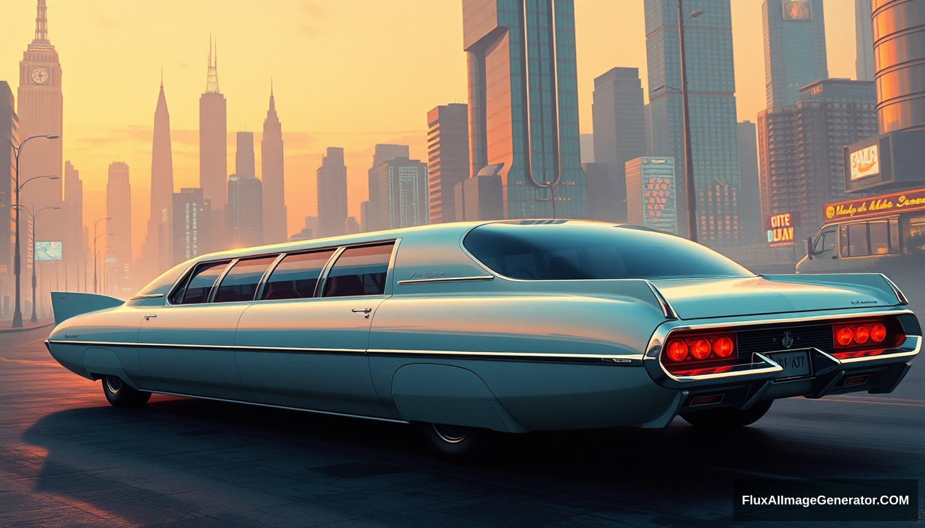 a 1970s futuristic limousine concept, as painted by Syd Mead, future city setting, 4k. - Image