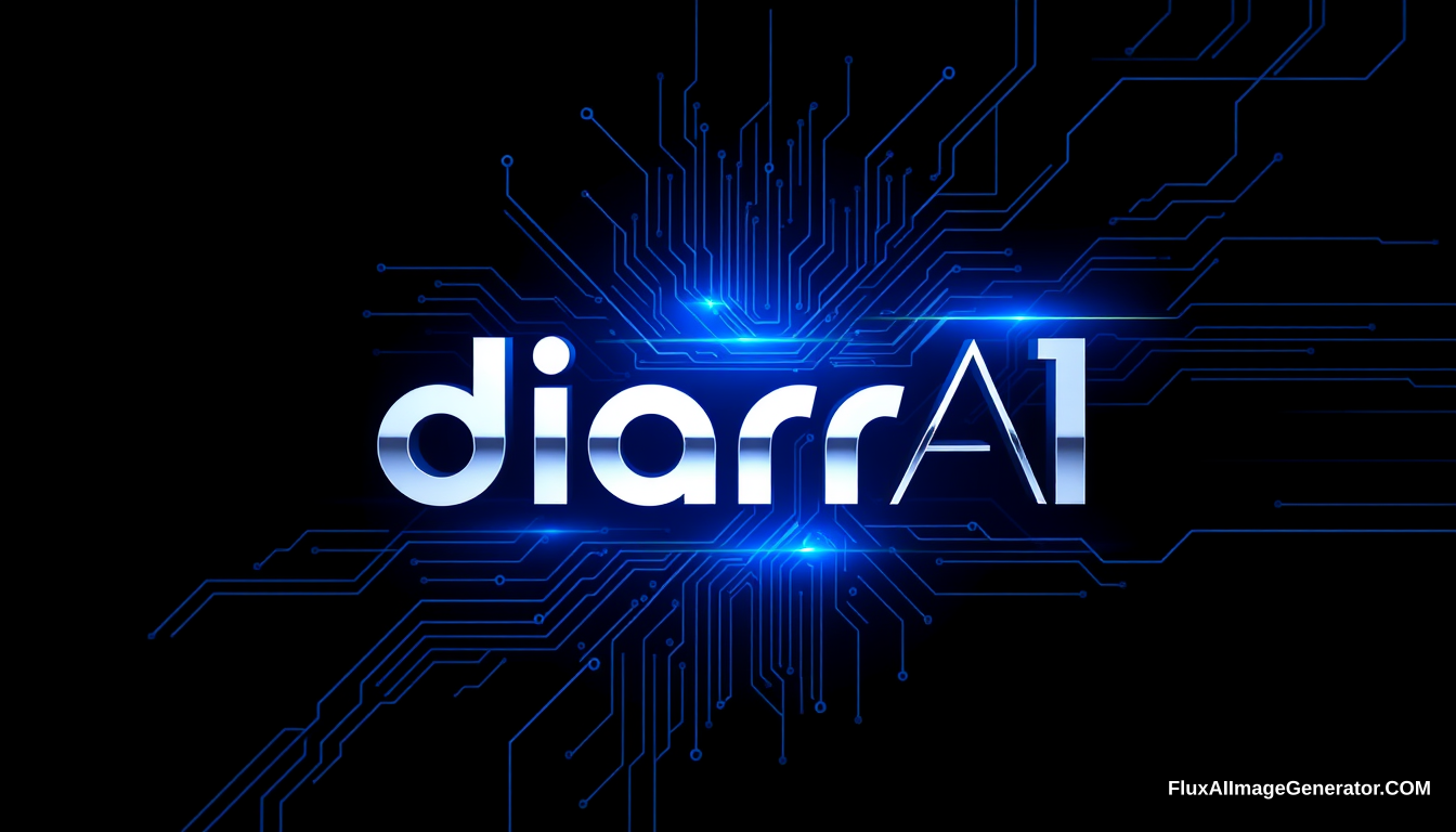 Logo design for 'diarrAI' text, representing a high-tech AI solutions company. Futuristic and advanced, minimalistic and linear style. Incorporate elements from computer circuits and digital interfaces, with sleek geometric shapes and sharp lines. Use modern, elongated sans-serif font. Metallic or neon accents, with subtle circuit-like patterns. Color palette: silver, deep blue, black, with hints of neon. The logo should feel like it's from 3000 years in the future. Unreal Engine.