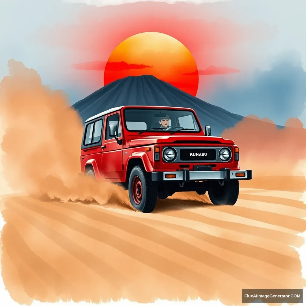 Create a watercolor illustration of rough strokes, muted colors, a red Daihatsu Rugger 80s adventure car (accurately) crossing on sand. Setting of Mount Bromo, East Java, Indonesia. Dust, sunset. Red blue sky. Dramatic. - Image