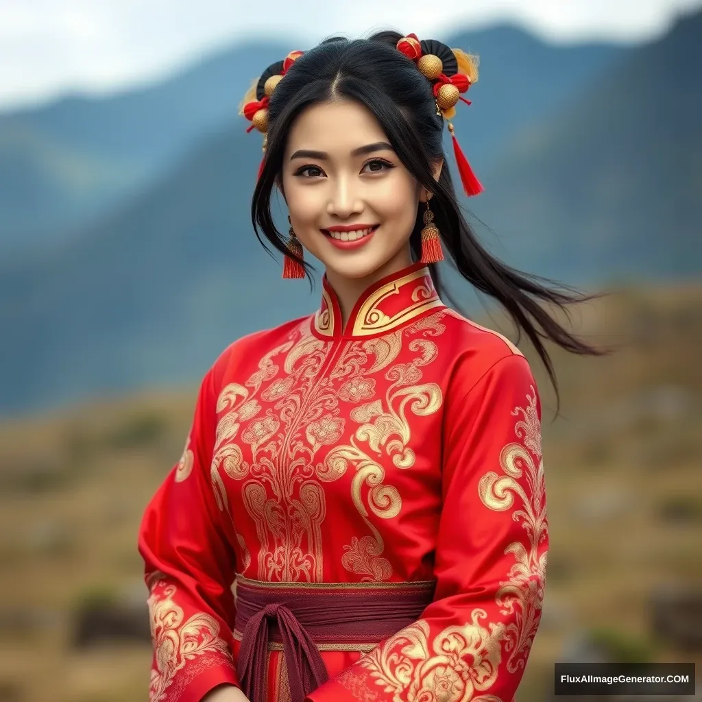 This is an image of a beautiful Asian woman in traditional Chinese clothing. She is wearing a red and gold colored outfit with intricate designs. The outfit is reminiscent of a warrior's attire. She has a confident smile on her face and is standing in a field with mountains in the background.