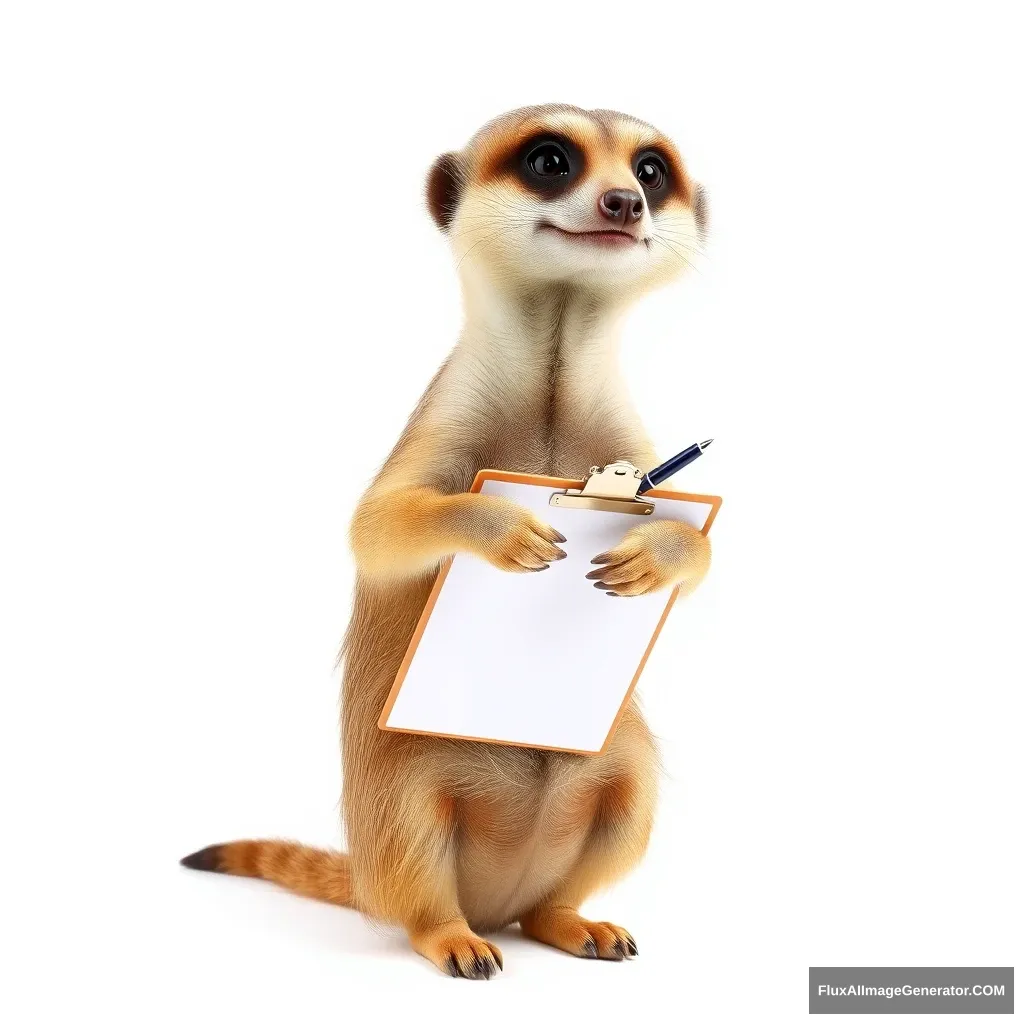 Create a photo: A meerkat is standing in front of a white background and is holding a clipboard with a pen in its hand. - Image