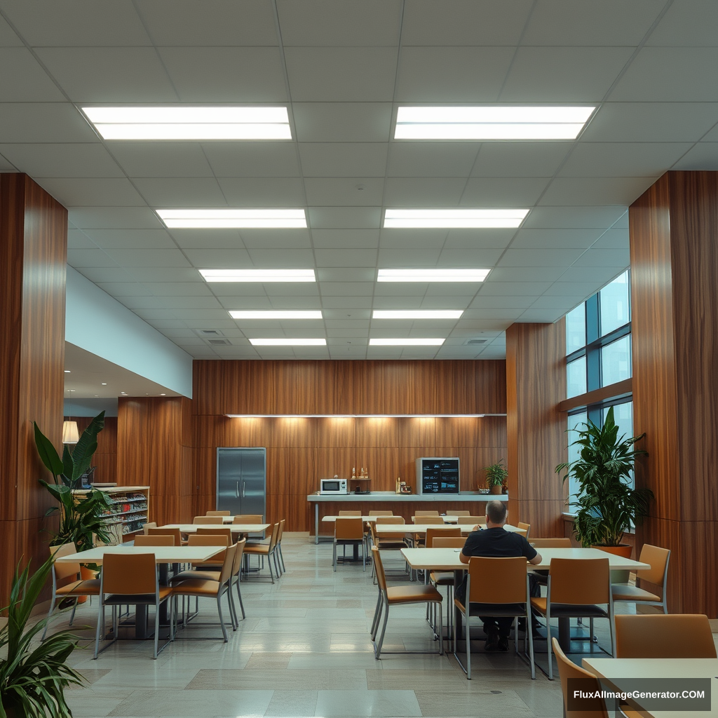 interior, company cafeteria, modern, wood panel, movie scene, plants