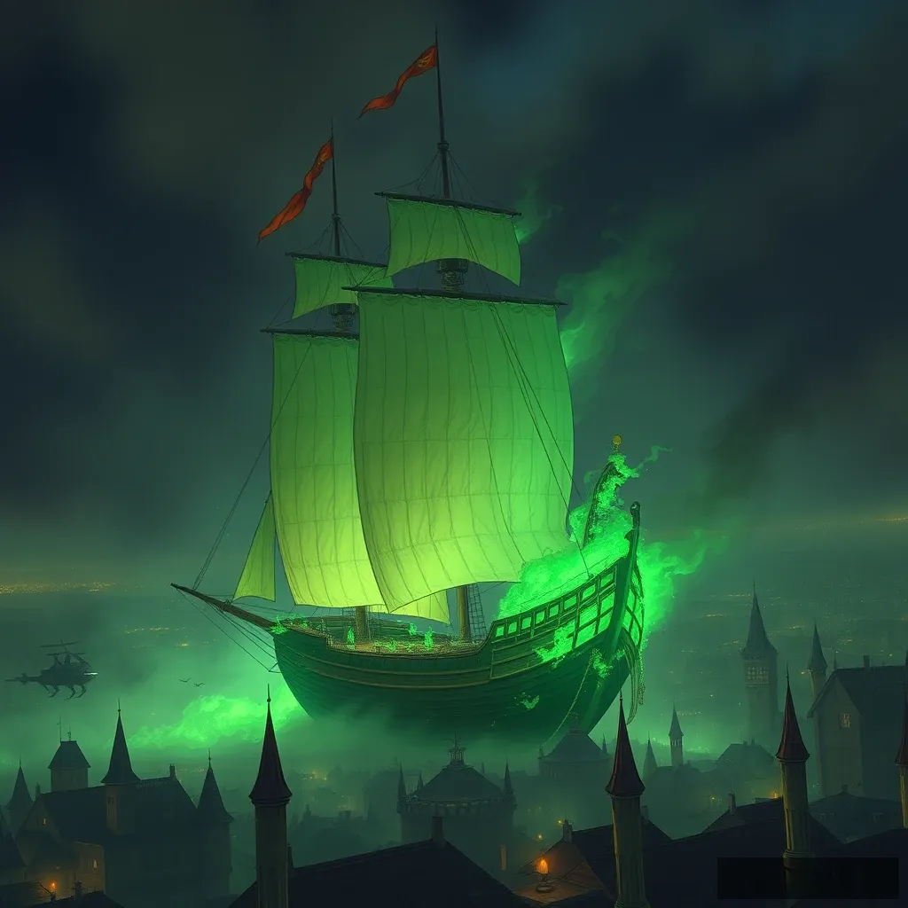 The huge three-mast sailing boat sailed over medieval cities, the hull burning green flames.