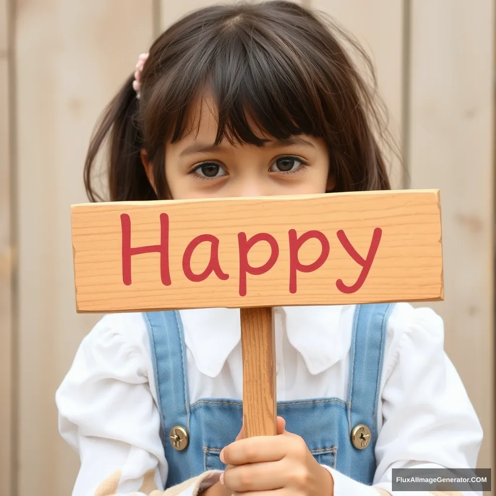 A girl holding a wooden sign that says "Happy."