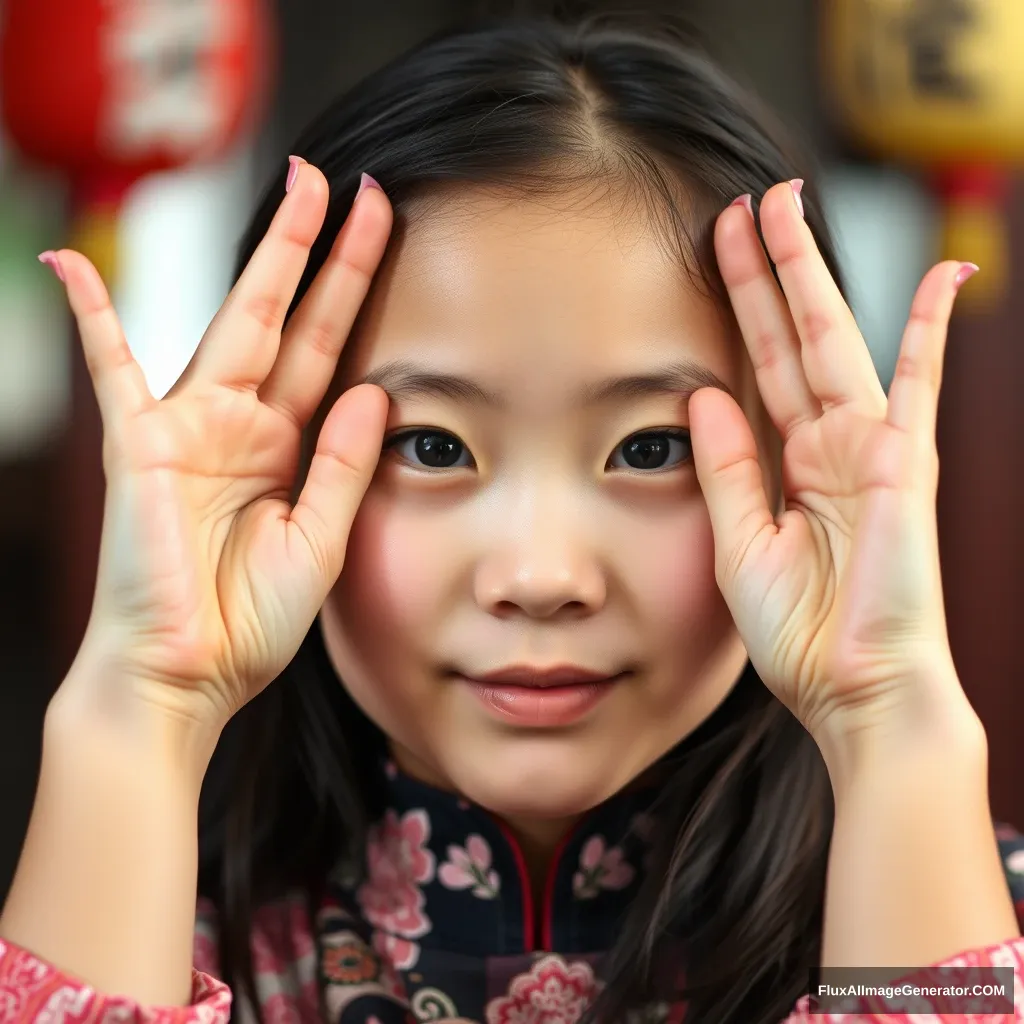 A beautiful Chinese girl holding up her hands, face in the background.