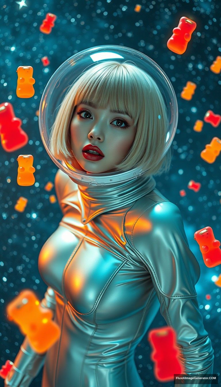 Hajime Sorayama style, beautiful woman, bobbed blonde, with a super delicate K-pop idol face, plump lips, extraordinary figure, long sleeve bodycon spacesuit, a clear spherical helmet, she floats in space, the universe is filled with many bright stars and gummy bears are floating, real metal texture, bright colors, glow, anamorphic lens flare, ARRI ALEXA 65.