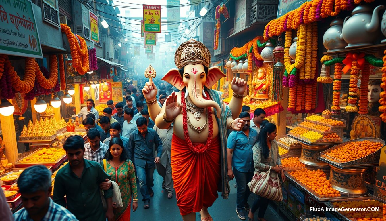 Visualize Lord Ganesha as a real human god, navigating a bustling, dense Indian market in preparation for his own festival. The market is lively and crowded, with vibrant stalls overflowing with marigold garlands, clay idols, sweets, and festival decorations. Surround him with real, everyday people who are unaware of his divine presence, going about their shopping, bartering with vendors, and carrying bags filled with festival essentials. Ganesha, dressed in a blend of traditional dhoti and modern attire, should be depicted with a serene yet amused expression as he picks out the best offerings, from the freshest flowers to the most ornate decorations. Capture the vivid colors, the cacophony of sounds, and the rich scents of an authentic Indian market, with Ganesha seamlessly blending into the crowd, embodying the divine in the midst of everyday life. It's evening time with lots of lights. Unreal engine, 4K, change the camera angle. Ganesha should look like he is also walking with people, and he should have the four hands as per the Ganesha idol. Add a few more details. - Image