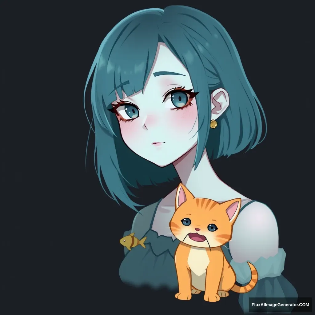 A beautiful two-dimensional girl with a dark background, next to her is a small orange cat, holding a small fish in its mouth. - Image