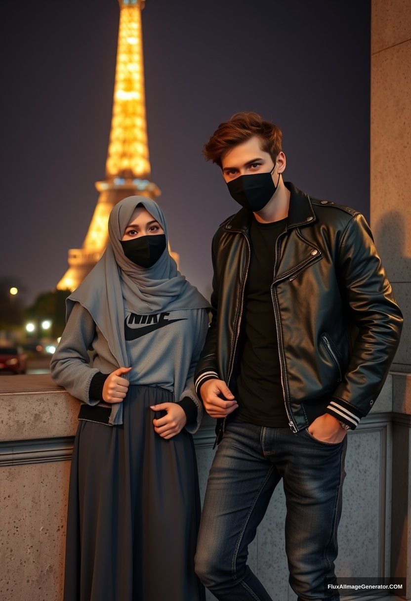 Jamie Dornan, youngest, black face mask, collage jacket, Nike t-shirt, jeans, tall man, fit body,

Dating, love with the biggest grey hijab Muslim girl, beautiful eyes, black face mask, leather jacket, biggest longest skirt, cute short girl,

standing by a wall, an Eiffel Tower, night scenery, hyper-realistic, photorealistic, street photography. - Image