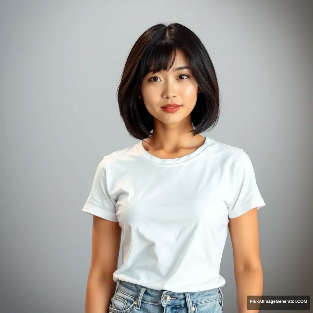 A beautiful woman with short black hair, wearing a white T-shirt and jeans, of Asian descent. - Image