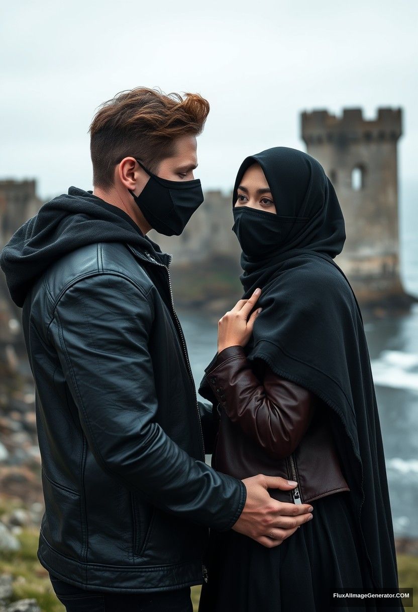 Jamie Dornan's head and body shot, handsome, face mask black, black leather jacket, dating, love hug with the biggest black hijab Muslim girl, not tall, beautiful eyes, face mask, maroon leather jacket, biggest black skirt, hyper realistic, studio photography, full body photo, explore at abandoned castle, at sea, gloomy scenery. - Image