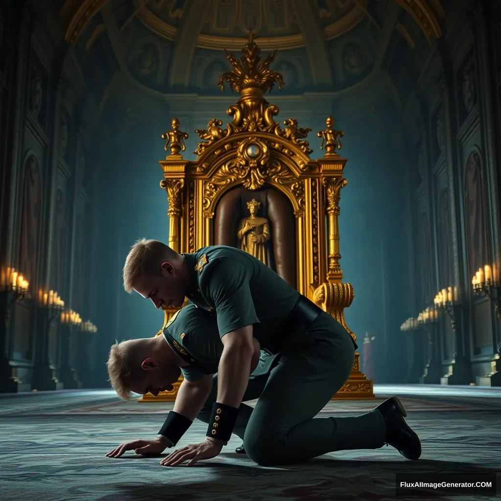 Main Character: A handsome and muscular blonde British King in a British Royal Army uniform, with a strong and defined physique, is on all fours, head bowed to the ground, trembling in front of a massive golden throne. His posture conveys a sense of fear and submission. He is positioned slightly to the side of the throne, offering a profile view of his face. His expression is one of abject terror and desperation.

Background: The scene is set in a grand, opulent hall within a palace in modern-era Europe. The hall is vast and stretches into the distance, its high vaulted ceilings lost in shadow. Intricate carvings and tapestries adorn the walls, hinting at the immense power and wealth of the monarchy. The lighting is dramatic, with a single light source illuminating the king and the throne, casting long, deep shadows across the hall, emphasizing the grandeur and somber mood.

Visual Style: The visual style should mimic professional, cinematic photography, with a focus on sharp detail, realistic textures, and a deep, rich color palette. The image should evoke a sense of historical drama and convey the immense power of the throne in contrast to the king's vulnerability. Think of the rich, detailed style of classical paintings. The overall tone should be dark and dramatic, with a focus on the interplay of light and shadow. - Image