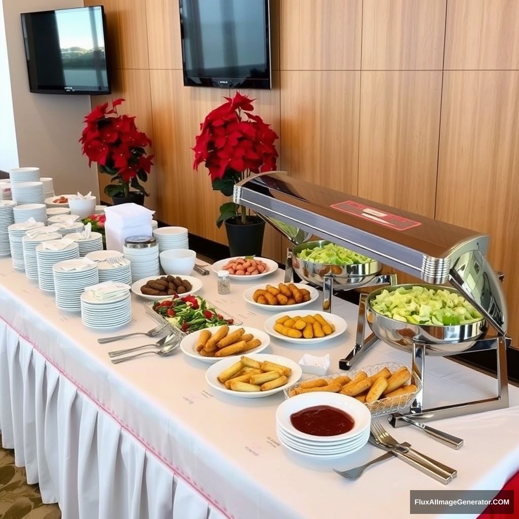 Photograph of a buffet setup with a variety of dishes on a long table covered with a white tablecloth and a red skirt. The table includes plates of salad, fried food, and spring rolls, with utensils and condiments neatly arranged. The setup features high-end stainless steel buffetware, meeting five-star hotel standards. There are stacks of plates and bowls on the left side, along with a stack of napkins and silverware. The background features a wooden panel wall with a mounted TV, and red poinsettia plants adding a festive touch. The overall atmosphere is elegant and organized, ready for guests to enjoy. - Image