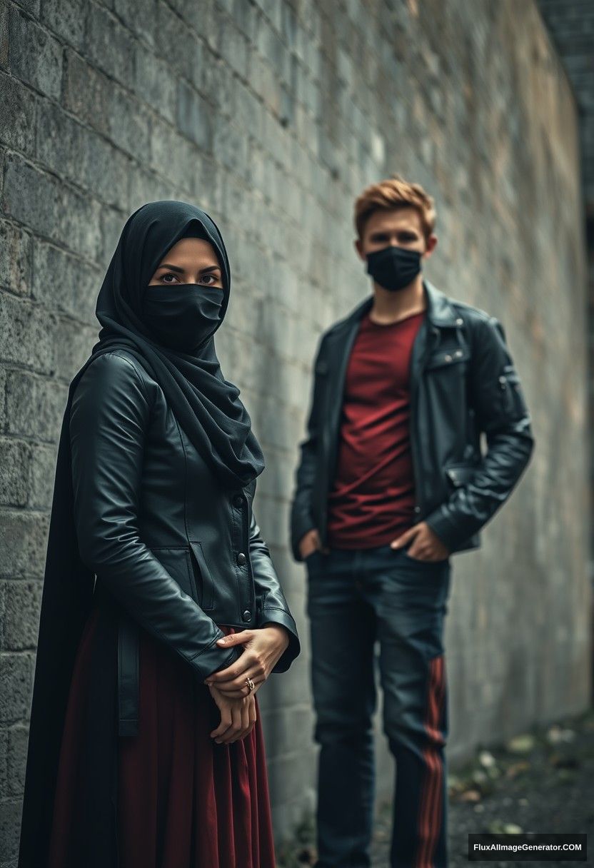 A biggest black hijab girl, beautiful eyes, face mask black, black leather jacket, biggest red longest dress, untall,

Jamie Dornan, handsome, face mask black, fit and tough body, metal red t-shirt, black leather jacket, jeans, tall man,

standing near wall together,
Hyper realistic, photorealistic, street photography, Victoria's abandoned castle, gloomy, darkness. - Image