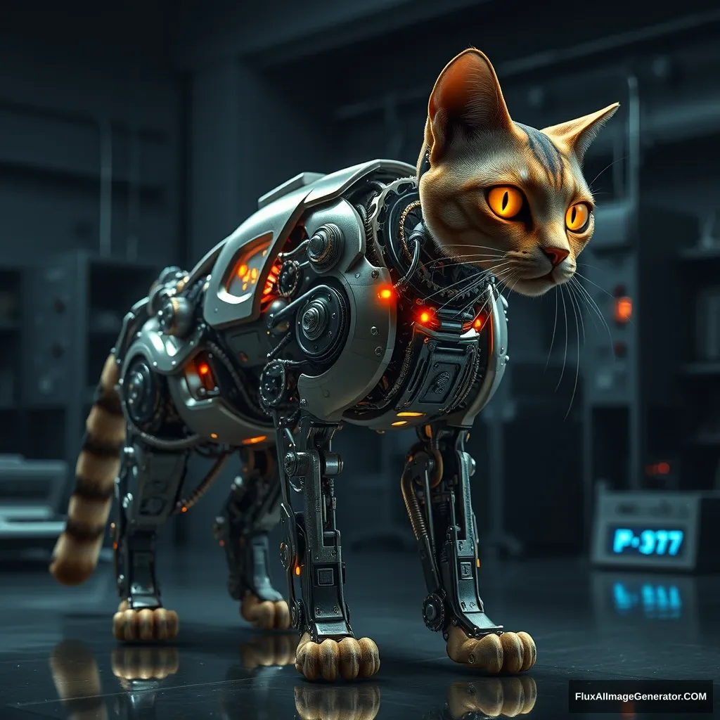 A biomechanical feline cyborg, its legs intricately exposed, revealing a mesmerizing array of glistening gears and pulsating circuits. Hyper-realistic rendering captures every minute detail, from oil-slicked metal to flickering LED lights. Set in a dimly lit laboratory, the cat's eyes glow with eerie intelligence.