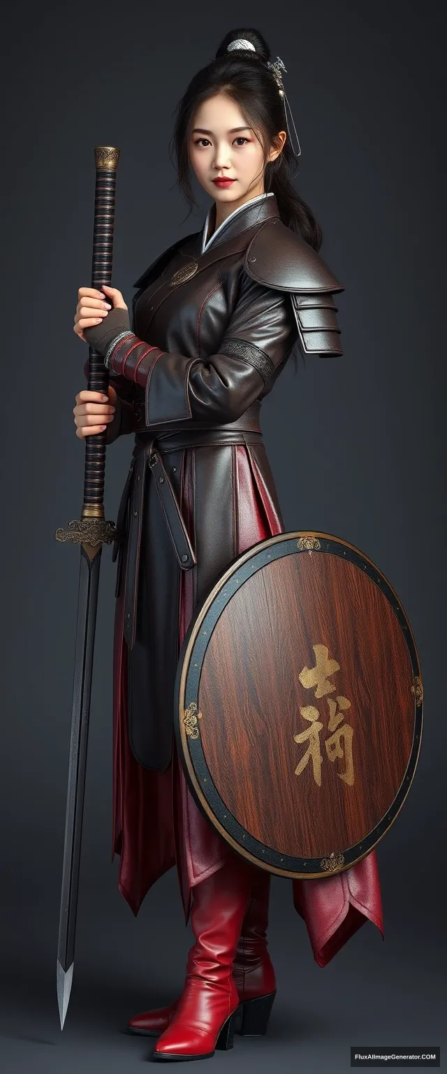 A gorgeous and elegant girl (like Tang Wei, with tousled hair and a silver hairpiece) is wearing leather armor in the style of traditional Korean clothing, with the skirt hemline at the back. The pose is on one side of the stance, with red leather boots. She is holding a traditional Korean sword and a round shield (with "한" written on it), in a hyper-realistic photo, created with Unreal Engine, in a front shot.