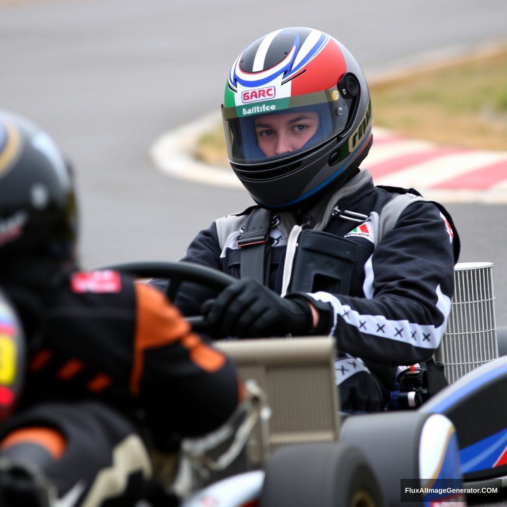 Young Italian driver competing in an go-kart championship in Belgium, wearing a helmet that resembles the Italian flag and a blue, black, grey, and white livery. Seen on the track overtaking another driver. The picture is taken from a distance.