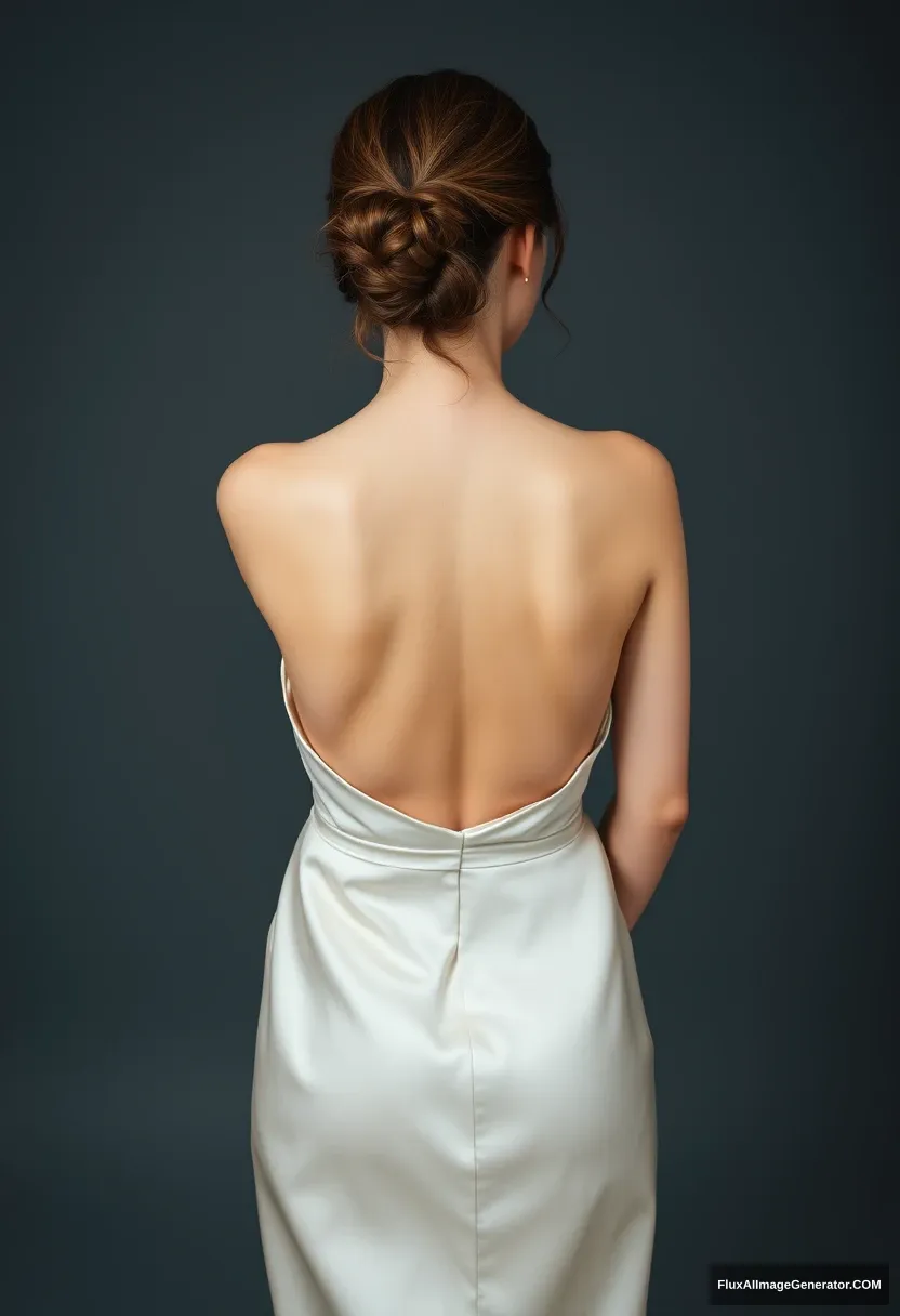 A young woman, sensitive, delicate, ashamed, wearing a backless strapless low-waisted silk wedding short dress.