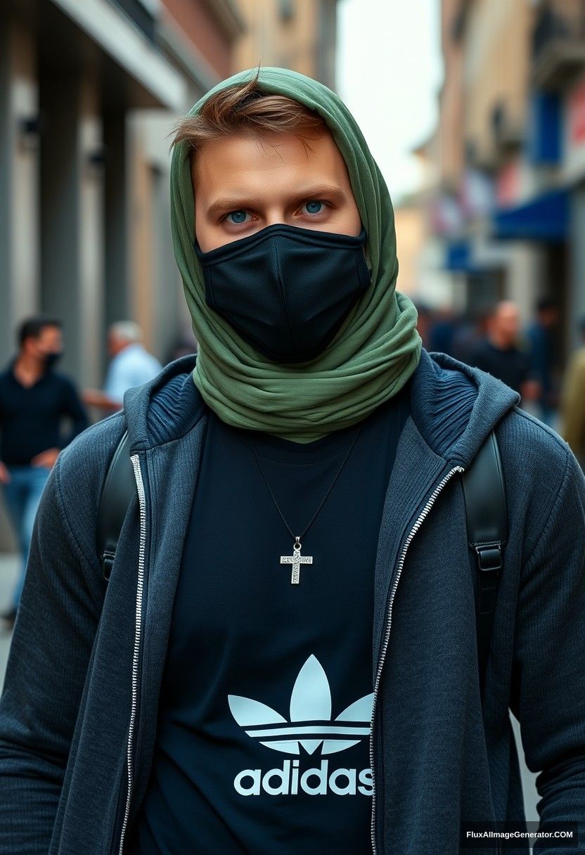 Jamie Dornan, handsome, blue eyes, wearing a black pendant, black face mask, dark blue Adidas T-shirt, sweater jacket, jeans, black sneakers, fit body, tall man,

A large soft green hijab
photorealistic, street photography, full photography. - Image